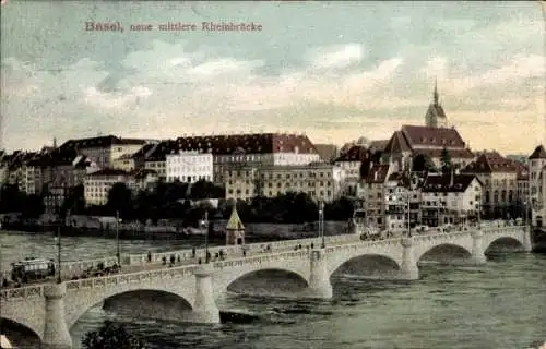 Ak Basel Bâle Stadt Schweiz, mittlere Rheinbrücke zur Stadt