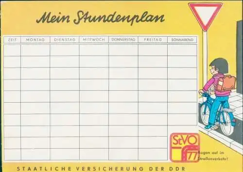 Stundenplan Staatliche Versicherung der DDR, Schulkind mit Fahrrad auf dem Gehweg, StVO 77