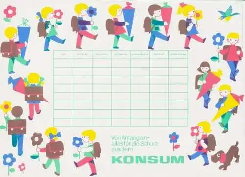 Stundenplan DDR Konsum Lebensmittel, Kinder mit Zuckertüten, um 1970