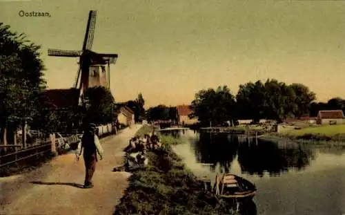 Ak Oostzaan Nordholland, Gracht, Windmühle