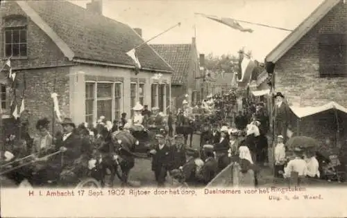 Ak Hendrik Ido Ambacht Zuid Holland, Pferdekutschenfahrt durch das Dorf. Teilnehmer für den Ringstok