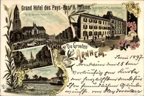 Litho Arnhem Gelderland Nederland, Grand Hotel, Kerk