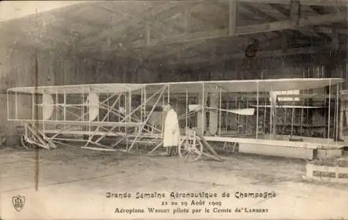 Ak Aeronautische Woche der Champagne 1909, Aeroplan Wright, Pilot Comte de Lambert