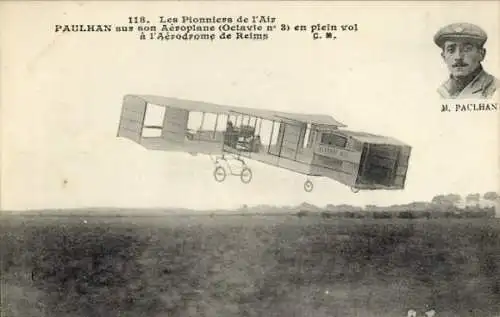 Ak Flugpionier Paulhan, Aeroplan Octavie No. 3, Aerodrom Reims