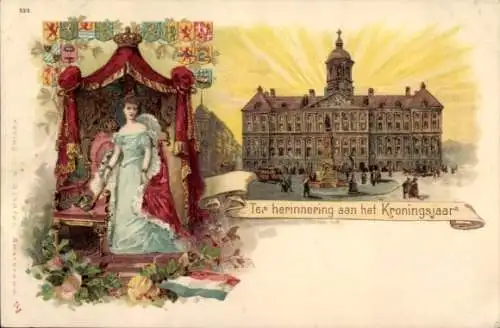 Litho Königin Wilhemina im Krönungsjahr, Wappen, Thron