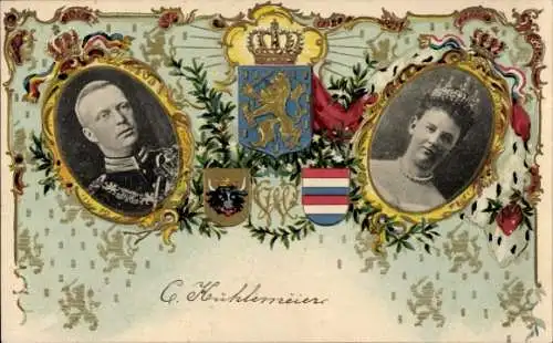 Präge Wappen Ak Königin Wilhelmina der Niederlande, Heinrich zu Mecklenburg, Portrait