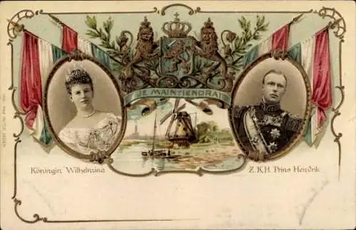 Präge Wappen Ak Königin Wilhelmina der Niederlande, Heinrich zu Mecklenburg, Portrait, Windmühle