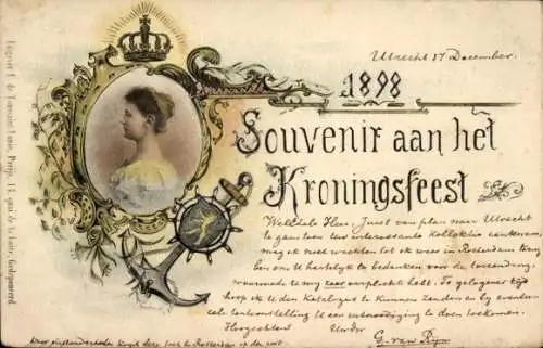 Litho Utrecht Niederlande, Seitenportrait der Königin Wilhelmina, Anker, Krönungsfest 1898