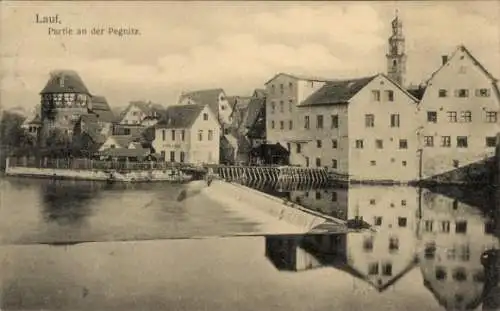 Ak Lauf an der Pegnitz in Mittelfranken Bayern, Teilansicht, Häuser am Ufer, Wehr