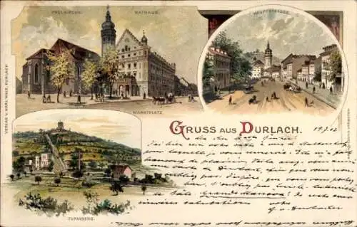 Litho Durlach Karlsruhe in Baden, Protestantische Kirche, Rathaus, Hauptstraße, Turmberg