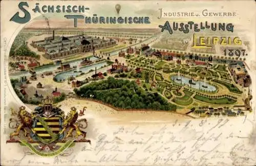 Wappen Litho Sächsisch Thüringische Industrie- und Gewerbe-Ausstellung Leipzig 1897