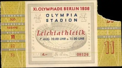 Eintrittskarte XI. Olympiade Berlin 1936, Olympiastadion, Leichtathletik, 7. August, Sitzplatz, 4 RM