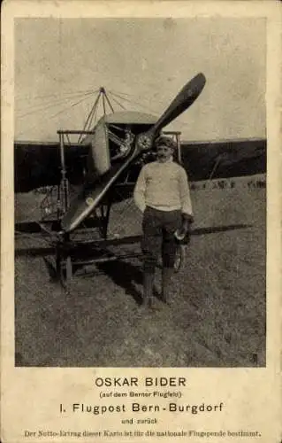 Ak Flugpionier Oskar Bider auf dem Berner Flugfeld, Flugpost Bern-Burgdorf