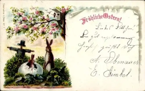 Litho Glückwunsch Ostern, Osterhasen, Vogelscheuche