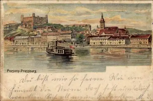 Litho Pozsony Pressburg Bratislava Slowakei, Panorama, Dampfer