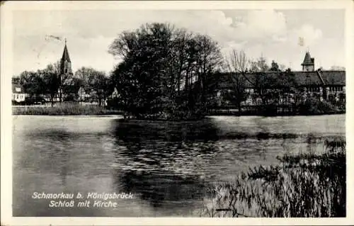 Ak Schmorkau Neukirch Sachsen, Schloss mit Kirche vom Wasser gesehen