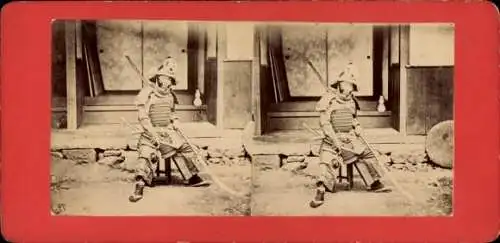 Stereo Foto Japan, Japanesischer Soldat in Kriegsrüstung, Samurai