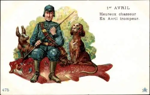 Künstler Ak 1er Avril, Heureux chasseur, En Avril trompeur