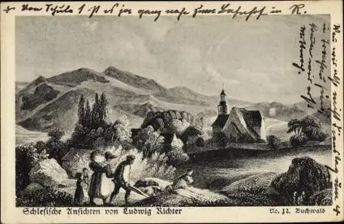 Künstler Ak Richter, Ludwig, Schlesische Ansichten, Dorf, Berge