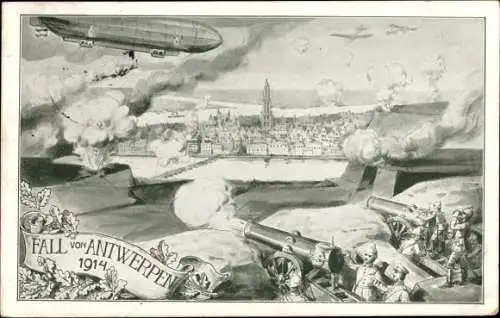 Ak Anvers Antwerpen Flandern, Zerstörung von Antwerpen 1914, Zeppelin, Kanonen und Flugzeuge