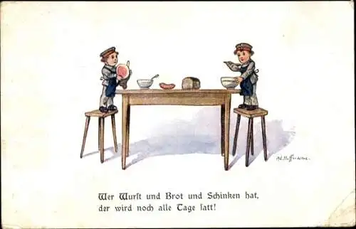 Künstler Ak Hoffmann, Jungen beim Essen in Uniform, Wer Wurst und Brot und Schinken hat