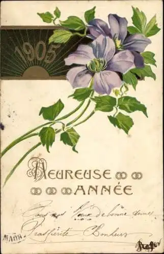 Präge Litho Glückwunsch Neujahr 1905, Blühende Blumen