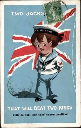 Ak Junge als britischer Marinesoldat, Schiff M.S. Britannia, Fahne