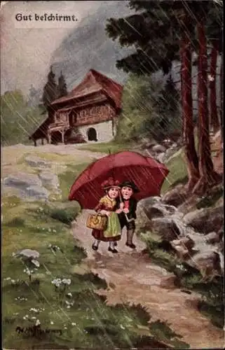 Künstler Ak Hoffmann, Ad., Gut beschirmt, Kinder unter einem Regenschirm, Tracht, Wohnhaus