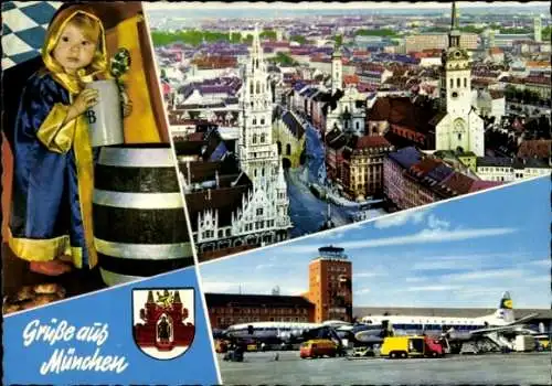 Ak München Bayern, Hansaheime,  Münchner Kindl, Blick von der Frauenkirche, Flughafen Riem