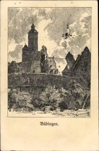 Ak Büdingen in Hessen, Stadtansicht von Büdingen mit Kirche, Bäumen und Häusern