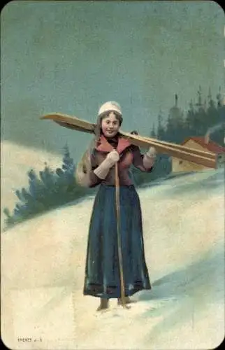 Litho Frau mit Skiern