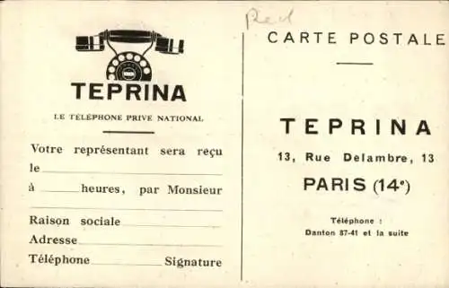 Ak Reklame, Teprina, Le Telephone Prive National, 13, Rue Delambre, Paris