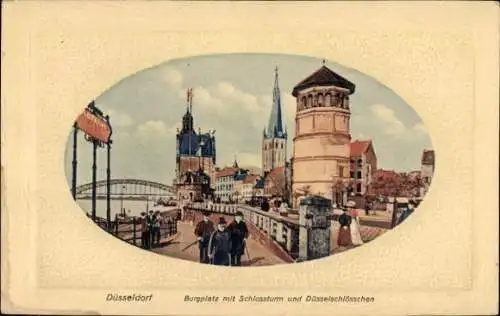 Präge Passepartout Ak Düsseldorf am Rhein, Burgplatz mit Schlossturm und Düsselschlösschen