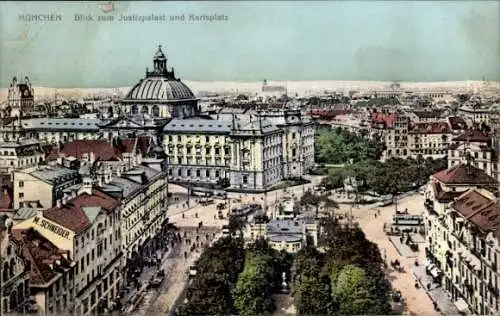 Ak München, Karlsplatz, Justizpalast, Straßenbahnen