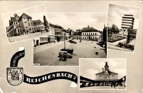 Ak Reichenbach im Vogtland, Postamt, Markt, Wasserturm, Bahnhof