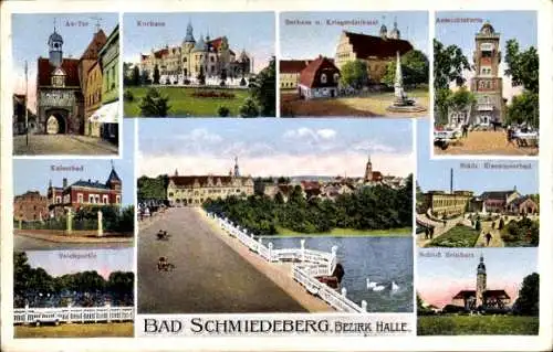 Ak Bad Schmiedeberg in der Dübener Heide, Au-Tor, Kurhaus, Rathaus, Kriegerdenkmal, Schloss