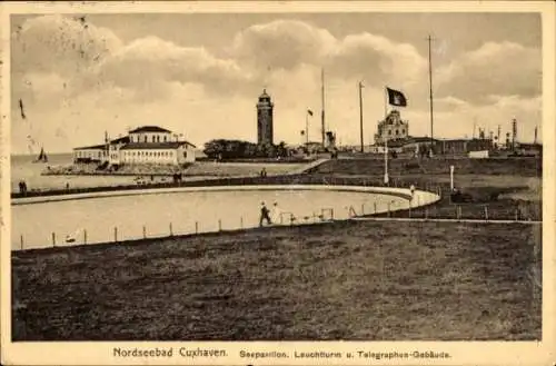 Ak Nordseebad Cuxhaven,  Seepavillon, Leuchtturm u. Telegraphen-Gebäude.