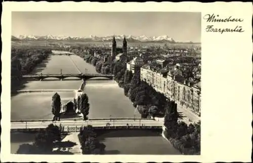 Ak München Bayern, Panorama, Isar, Gebirge, Brücken, Alpen