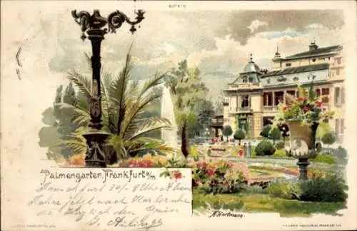 Künstler Litho Hartmann, A., Frankfurt am Main, Palmengarten, Wasserfontäne, Gebäude