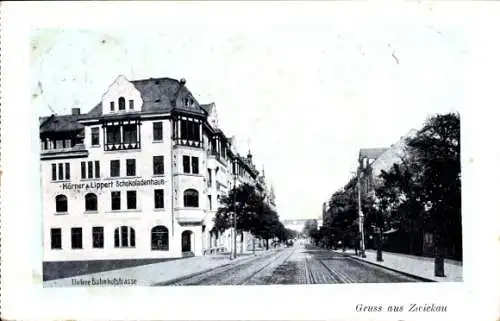 Ak Zwickau in Sachsen, Untere Bahnhofstraße, Körner und Lippert Schokoladenhaus