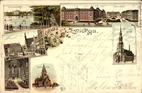 Litho Zwickau in Sachsen, Albertplatz, Marienkirche, Moritzkirche