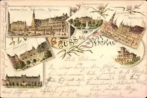 Vorläufer Litho Zwickau in Sachsen, Bank, Gewandhaus, Rathaus, Kaserne, Albertplatz