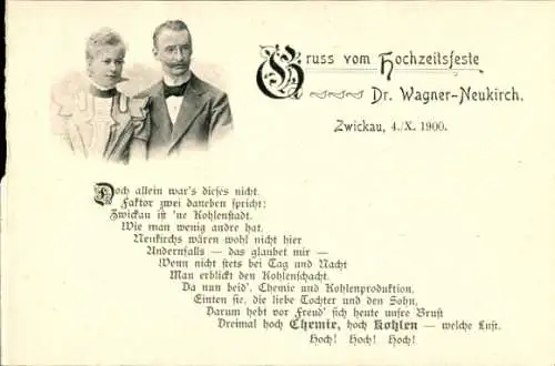 Ak Zwickau in Sachsen, Gruß vom Hochzeitsfeste Dr. Wagner Neukirch, Portrait mit Frau