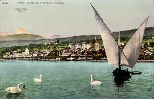 Ak Évian les Bains Haute Savoie, Panorama, Dent d’Oche, Segelboot