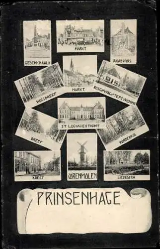 Ak Princenhage Breda Nordbrabant, Raadhuis, Markt, Liesbosch, Korenmolen, Dreef, Gedenknaald