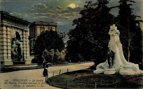 Mondschein Ak Toulouse Haute Garonne, Jardin des Plantes, Fontaine Garonne, Statue A. Sylvestre