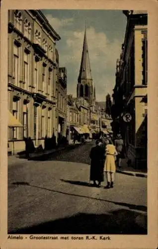 Ak Almelo Overijssel Niederlande, Grootestraat met toren R.-K. Kerk