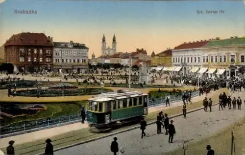 Ak Szabadka Subotica Serbien, Szt. Istvan ter, Platz, Straßenbahn