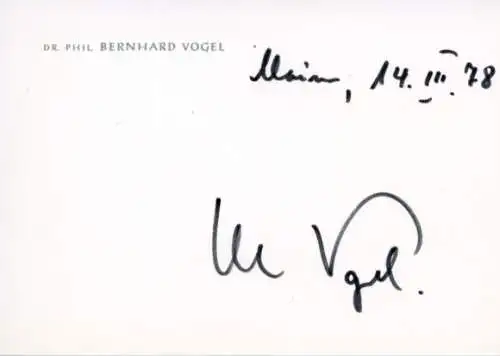 Autogramm Dr. phil. Bernhard Vogel, CDU, Mainz 1978