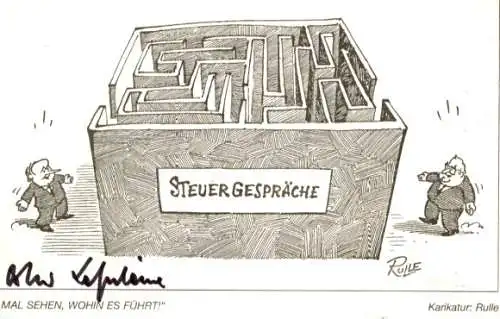 Autogramm Oskar Lafontaine, Ministerpräsident, Karikatur Rulle, Steuergespräche, Labyrinth